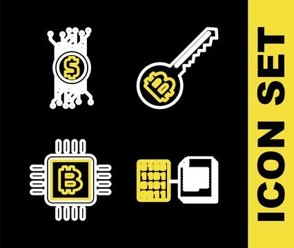 Set line Cryptocurrency key, Smart contract, CPU mining farm and bitcoin ci.. Illustrazione stock