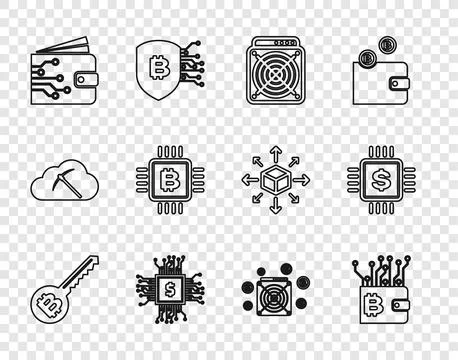 Set line Cryptocurrency key, wallet, ASIC Miner, Processor chip with dollar, CPU Stock Illustration