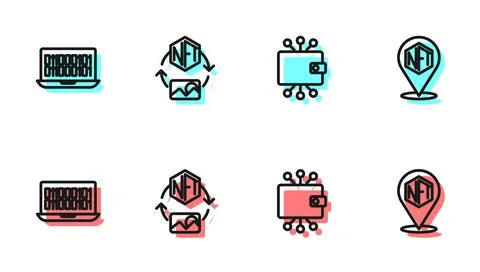 Set line Cryptocurrency wallet, Binary code, NFT Digital crypto art and  icon Stock Illustration