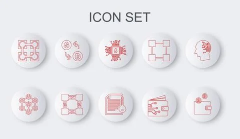 Set line Cryptocurrency wallet, Blockchain technology, Processor chip with Stock Illustration