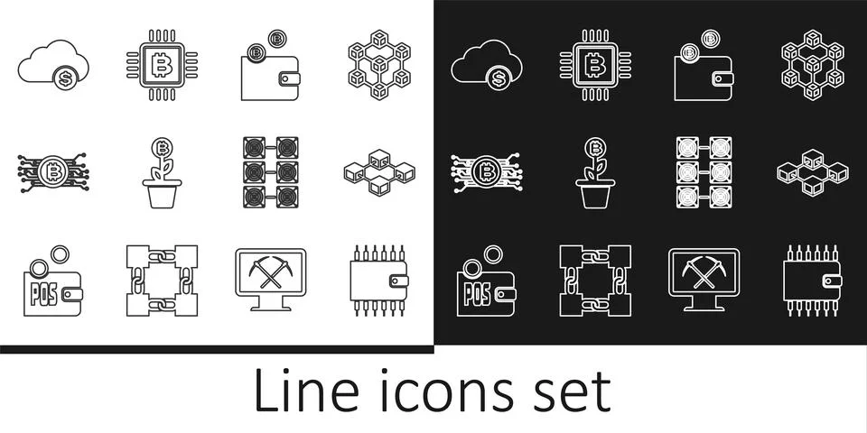 Set line Cryptocurrency wallet, Blockchain technology, Bitcoin plant the pot 스톡 일러스트