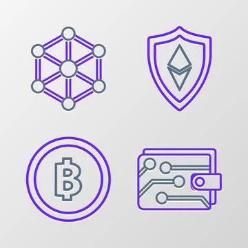 Set line Cryptocurrency wallet, coin Bitcoin, Shield Ethereum ETH and Blockchain Stock Illustration