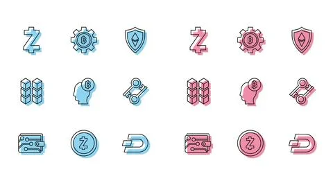 Set line Cryptocurrency wallet, coin Zcash ZEC, Dash, Bitcoin think, key, B.. Stock Illustration