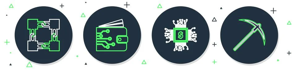 Set line Cryptocurrency wallet, CPU mining farm, Blockchain technology and Stock Illustration