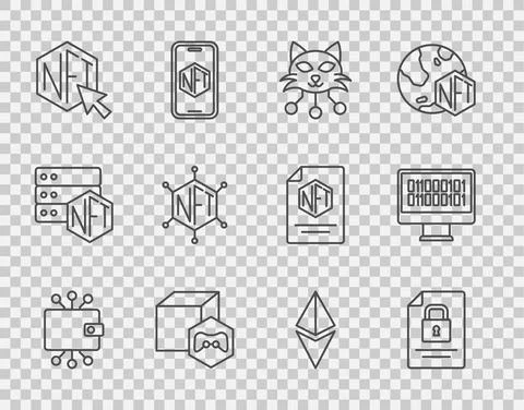 Set line Cryptocurrency wallet, Document and lock, NFT Digital crypto art Stock Illustration