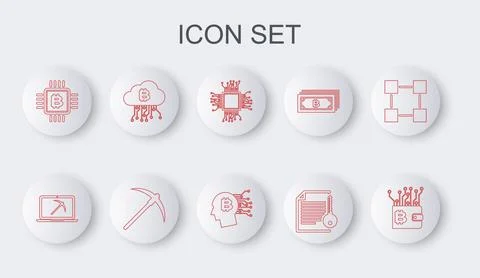 Set line Cryptocurrency wallet, Mining with laptop and pickaxe, Processor, Smart Illustrazione stock