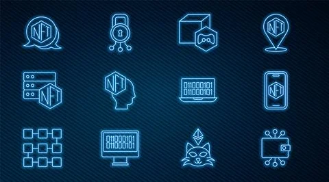 Set line Cryptocurrency wallet, Mobile with art store app, NFT Digital cryp.. Stock Illustration
