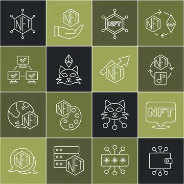 Set line Cryptocurrency wallet, NFT Digital crypto art, blockchain technology Stock Illustration