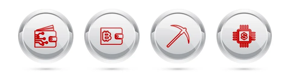 Set line Cryptocurrency wallet, , Pickaxe and Processor chip with dollar. Silver Stockillustratie