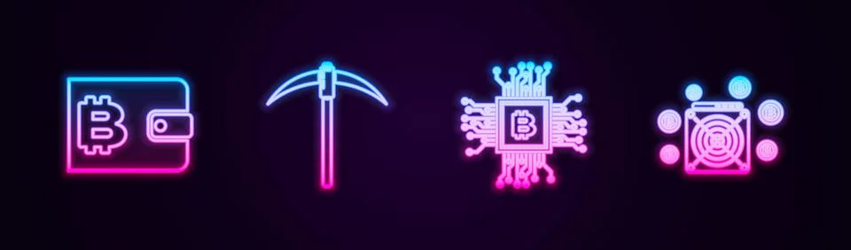 Set line Cryptocurrency wallet, Pickaxe, CPU mining farm and ASIC Miner. Glowing 스톡 일러스트