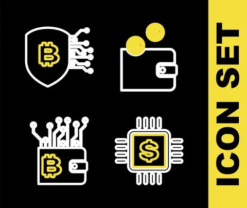 Set line Cryptocurrency wallet, Processor chip with dollar, and Shield bitcoin Stockillustratie