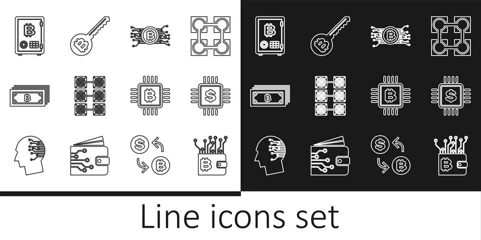 Set line Cryptocurrency wallet, Processor chip with dollar, bitcoin in circ.. Stockillustratie