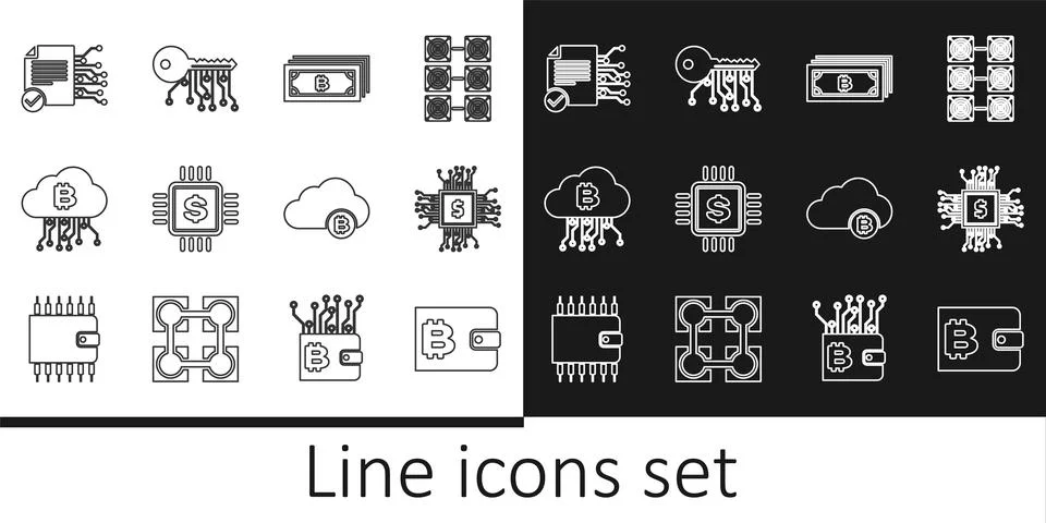 Set line Cryptocurrency wallet, Processor chip with dollar, bitcoin, cloud .. Stockillustratie