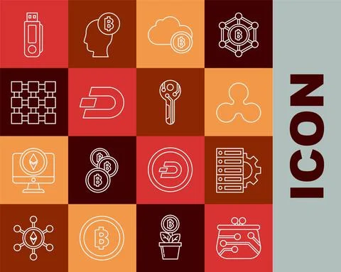 Set line Cryptocurrency wallet, Server and gear, coin Ripple XRP, cloud mining Illustrazione stock