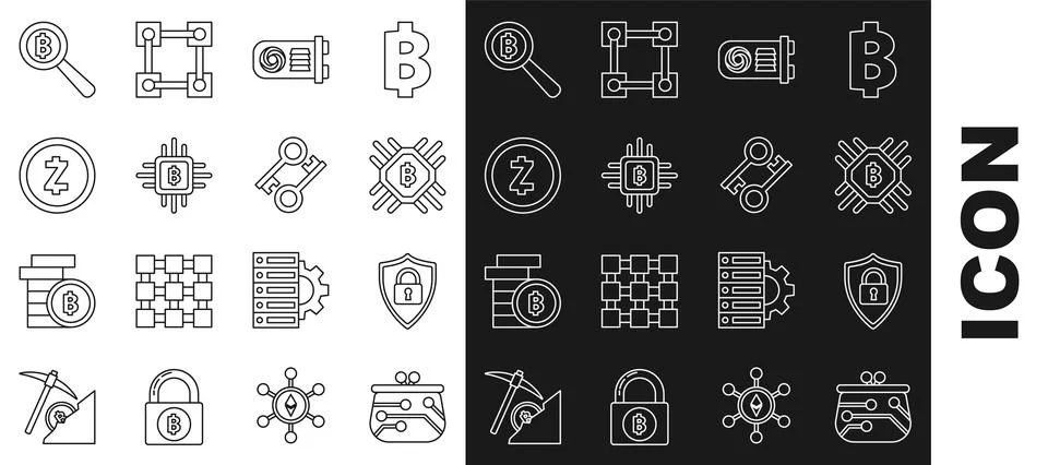 Set line Cryptocurrency wallet, Shield security with lock, CPU mining farm 스톡 일러스트