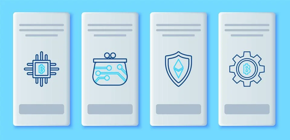 Set line Cryptocurrency wallet, Shield Ethereum ETH, CPU mining farm and co.. Illustrazione stock