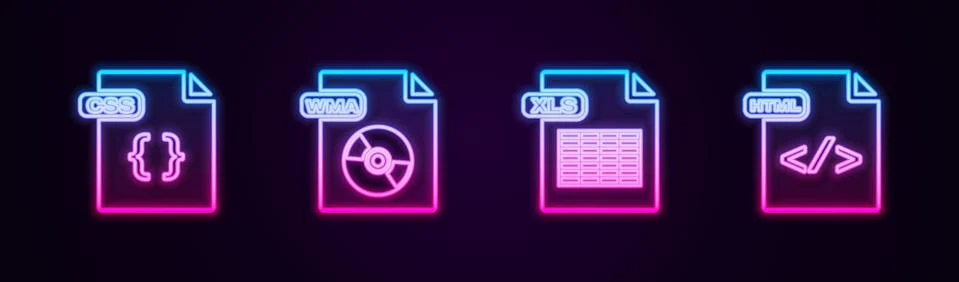 Set line CSS file document, WMA, XLS and HTML. Glowing neon icon. Vector Stock Illustration