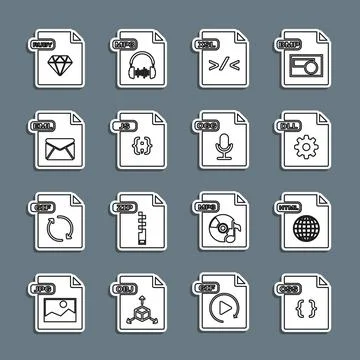 Set line CSS file document, HTML, DLL, XSL, JS, EML, RUBY and OGG icon. Vector Stock Illustration