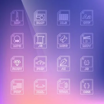 Set line CSS file document, JS, MOV, XLS, MP3, ZIP and MSG icon. Vector Stock Illustration