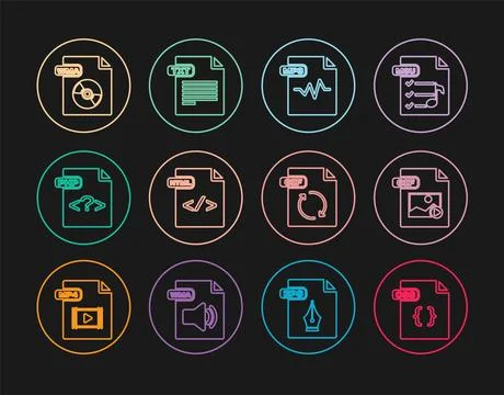 Set line CSS file document, GIF, MP3, HTML, PHP, WMA, and TXT icon. Vector イラスト素材