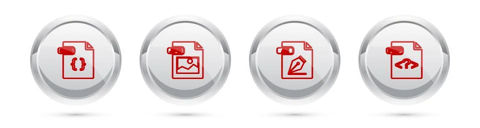 Set line CSS file document, JPG, AI and PHP. Silver circle button. Vector イラスト素材