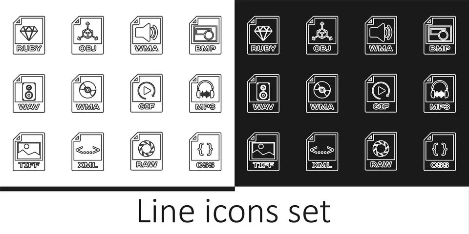 Set line CSS file document, MP3, WMA, WAV, RUBY, GIF and OBJ icon. Vector イラスト素材
