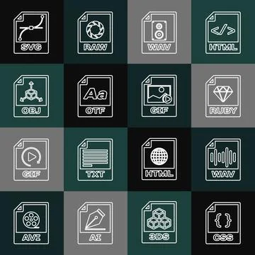 Set line CSS file document, WAV, RUBY, OTF, OBJ, SVG and GIF icon. Vector Illustrazione stock