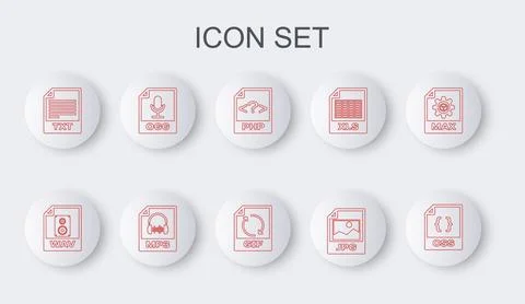 Set line CSS file document, WAV, PHP, JPG, TXT, OGG, MP3 and GIF icon. Vector イラスト素材