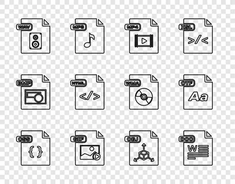 Set line CSS file document, DOC, MP4, GIF, WAV, HTML, OBJ and OTF icon. Vecto Illustrazione stock