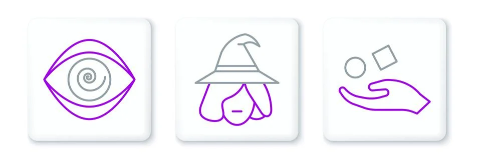 Set line Cube levitating above hand, Hypnosis and Witch icon. Vector 스톡 일러스트