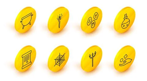 Set line Cube levitating above hand, Neptune Trident, Spider web, Decree, pap Stock Illustration