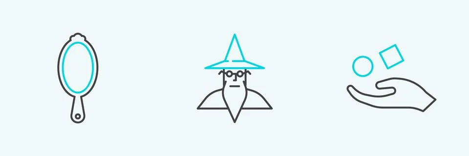 Set line Cube levitating above hand, Magic mirror and Wizard warlock icon Illustrazione stock