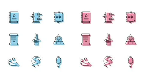 Set line Cube levitating above hand, Magic fog or smoke, Ancient magic book Illustrazione stock