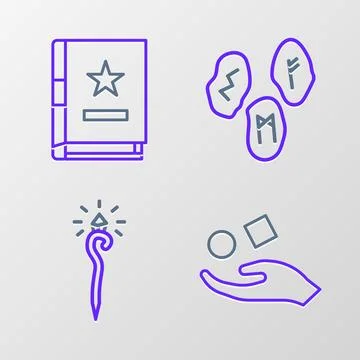 Set line Cube levitating above hand, Magic staff, runes and Ancient magic b.. Illustrazione stock