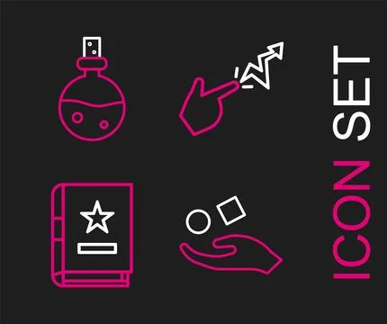 Set line Cube levitating above hand, Ancient magic book, Spell and Bottle w.. Illustrazione stock