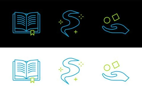 Set line Cube levitating above hand, Ancient magic book and Magic fog or sm.. Illustrazione stock