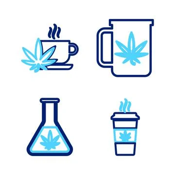Set line Cup coffee with marijuana, Test tube, tea and  icon. Vector Ilustración de archivo