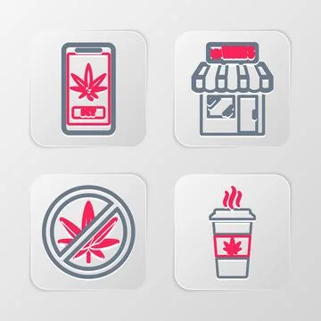 Set line Cup coffee with marijuana, Stop, Marijuana and cannabis store and Ilustración de archivo
