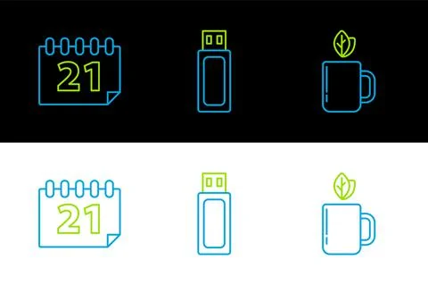 Set line Cup of tea and leaf, Calendar and USB flash drive icon. Vector Stock Illustration