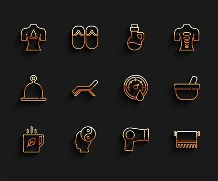Set line Cup of tea and leaf, Yin Yang, Massage with aroma oils, Hair dryer Stock Illustration