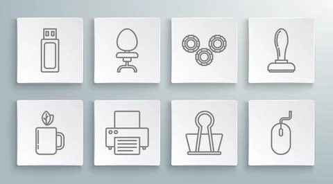Set line Cup of tea and leaf, Office chair, Printer, Binder clip, Computer mouse Stock Illustration