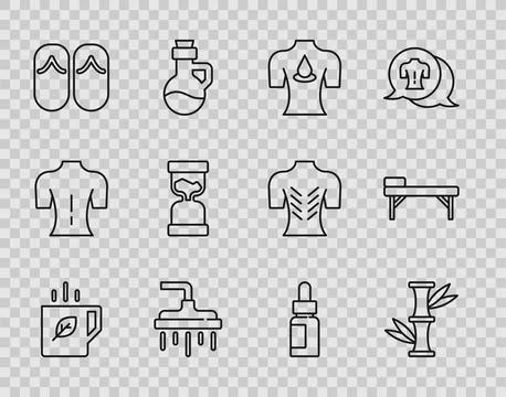 Set line Cup of tea and leaf, Bamboo, Massage with aroma oils, Shower head,.. Stock Illustration