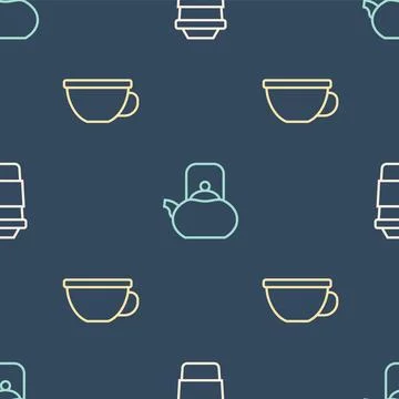 Set line Cup of tea,  and Kettle with handle on seamless pattern. Vector Stockillustratie