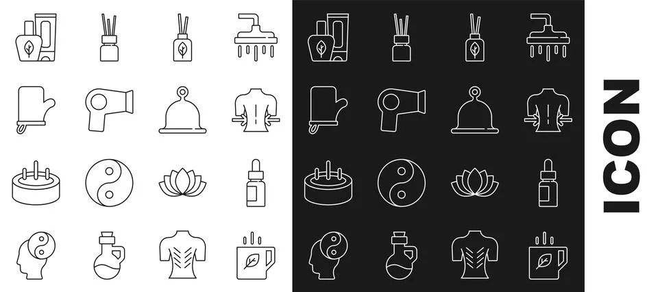 Set line Cup of tea and leaf, Essential oil bottle, Massage, Aroma diffuser.. イラスト素材