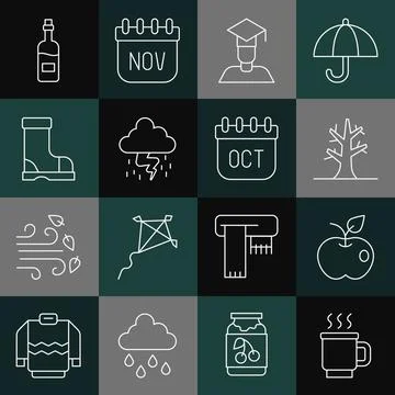 Set line Cup of tea, Apple, Bare tree, Graduate and graduation cap, Storm Stock Illustration