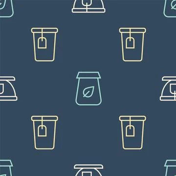 Set line Cup with tea bag,  and Tea packaging on seamless pattern. Vector Illustrazione stock