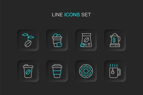 Set line Cup of tea with bag, Donut, Coffee cup to go, Electric kettle, Bag.. Illustration
