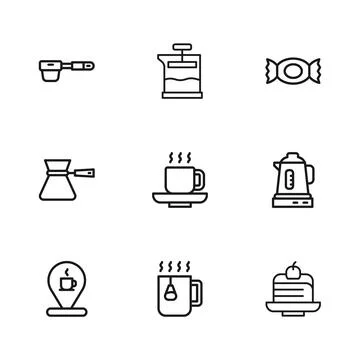 Set line Cup of tea with bag, Electric kettle, Piece cake, Coffee cup, Cand.. Stock Illustration