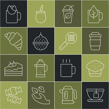 Set line Cup with tea bag, Muffin, of, leaf, Ball strainer, Croissant, rose.. Illustration