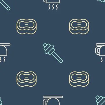 Set line Cup of tea, Bar soap and Honey dipper stick on seamless pattern. Vector Stock Illustration
